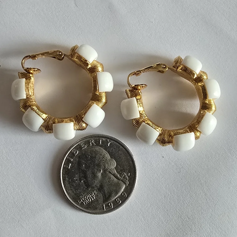 Vintage Trifari earrings Crown hoop white plastic gold tone metal clip on